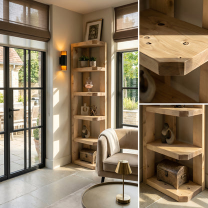 Belix Light Oak Colour Solid Wood Corner Bookshelf –  Open Bookcase, Rustic Scandinavian Design