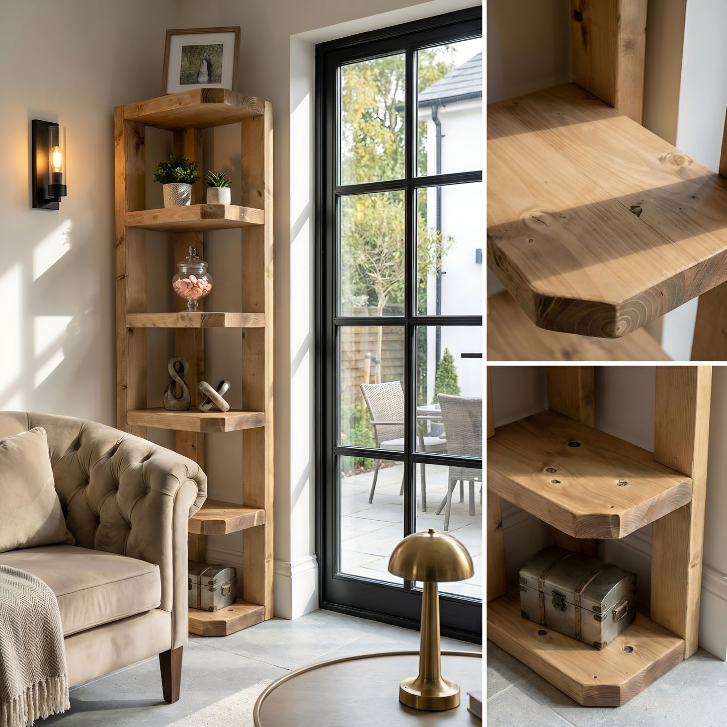 Belix Light Oak Colour Solid Wood Corner Bookshelf –  Open Bookcase, Rustic Scandinavian Design