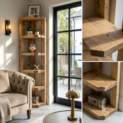 Belix Light Oak Colour Solid Wood Corner Bookshelf –  Open Bookcase, Rustic Scandinavian Design