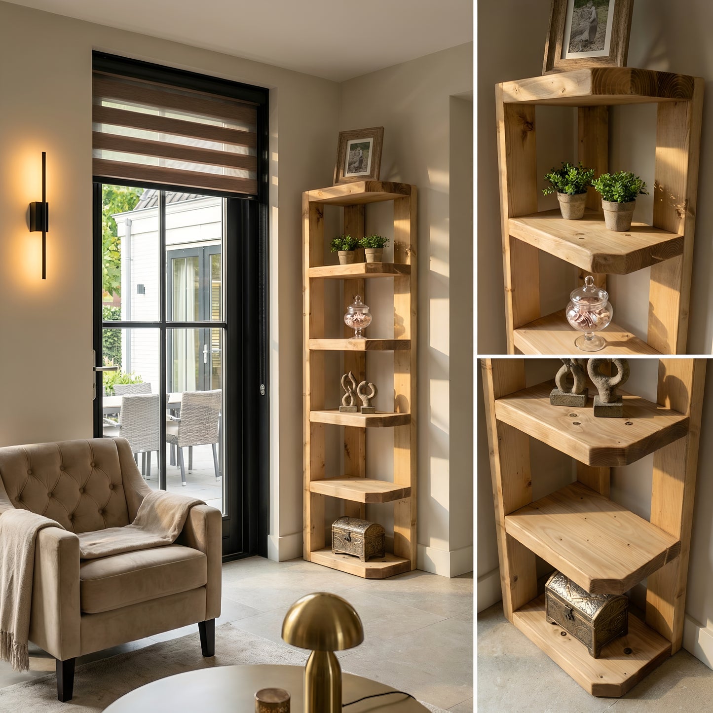 Belix Light Oak Colour Solid Wood Corner Bookshelf –  Open Bookcase, Rustic Scandinavian Design