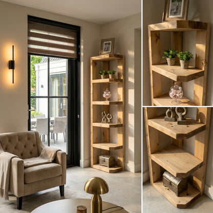 Belix Light Oak Colour Solid Wood Corner Bookshelf –  Open Bookcase, Rustic Scandinavian Design