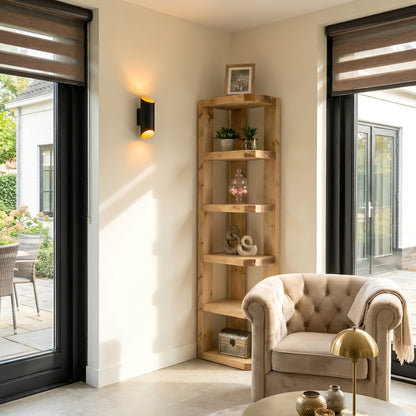 Belix Light Oak Colour Solid Wood Corner Bookshelf –  Open Bookcase, Rustic Scandinavian Design