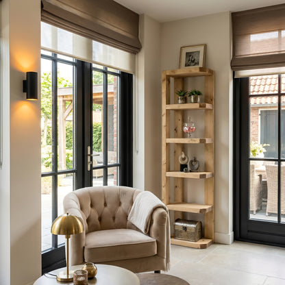 Belix Light Oak Colour Solid Wood Corner Bookshelf –  Open Bookcase, Rustic Scandinavian Design