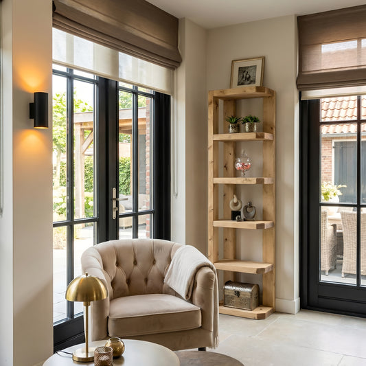 Belix Light Oak Colour Solid Wood Corner Bookshelf –  Open Bookcase, Rustic Scandinavian Design