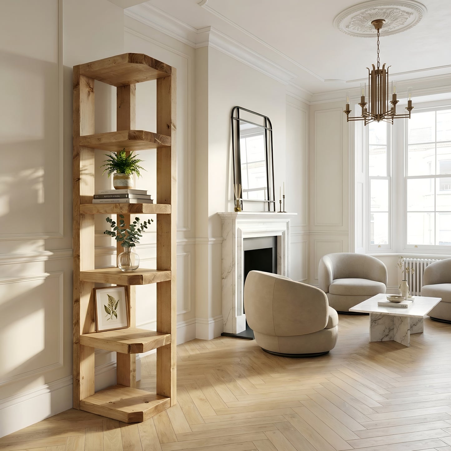 Belix Light Oak Colour Solid Wood Corner Bookshelf –  Open Bookcase, Rustic Scandinavian Design