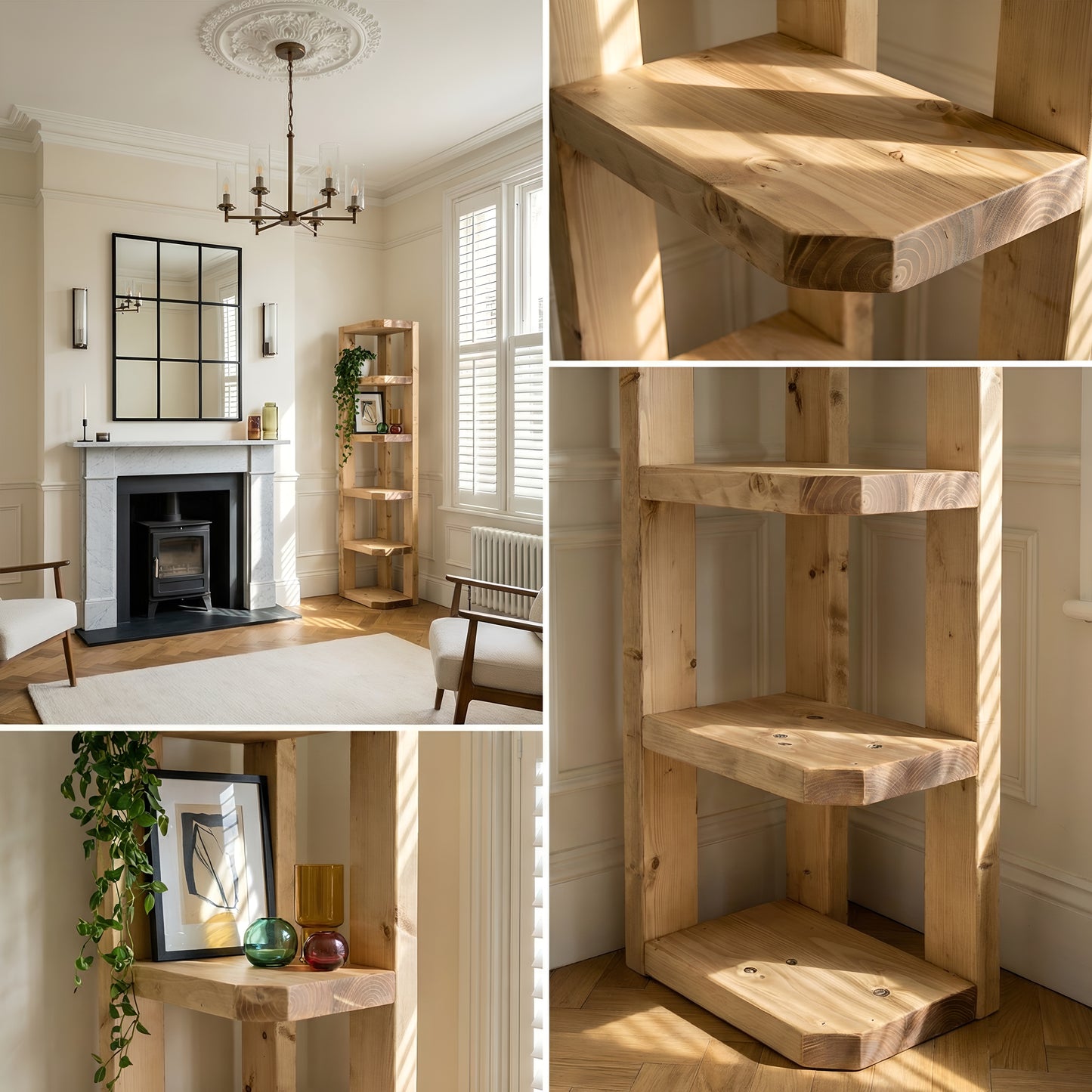 Belix Light Oak Colour Solid Wood Corner Bookshelf –  Open Bookcase, Rustic Scandinavian Design