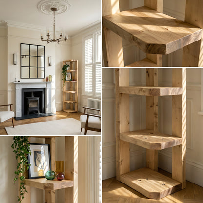 Belix Light Oak Colour Solid Wood Corner Bookshelf –  Open Bookcase, Rustic Scandinavian Design