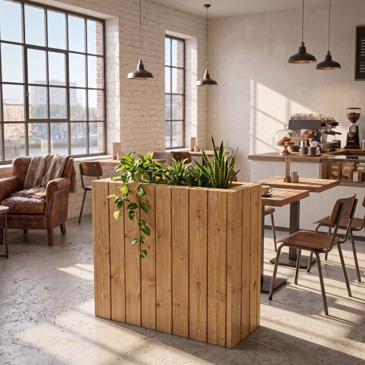 Planter Box Solid Wood Slatted Light Oak Colour  / Tall Indoor Plant Divider For Cafe and Restaurants