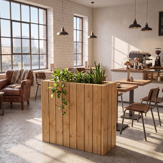 Planter Box Solid Wood Slatted Light Oak Colour  / Tall Indoor Plant Divider For Cafe and Restaurants