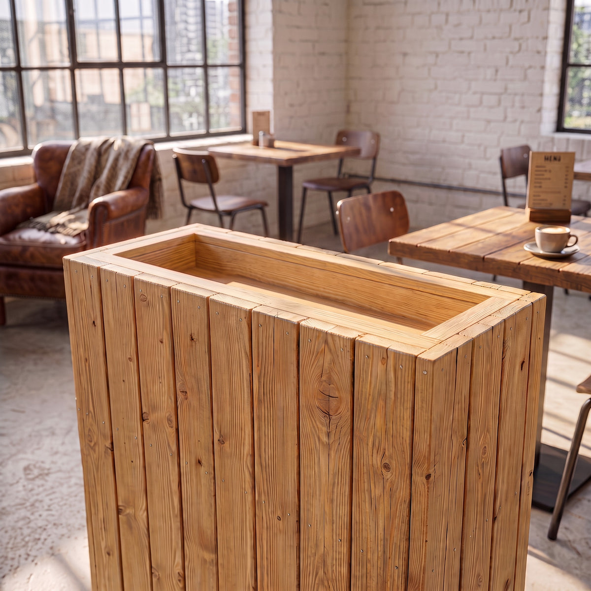 Planter Box Solid Wood Slatted Light Oak Colour  / Tall Indoor Plant Divider For Cafe and Restaurants