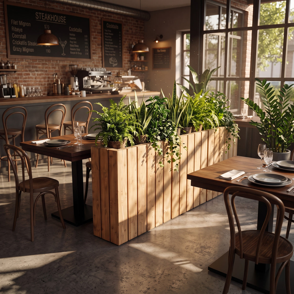 Planter Box Solid Wood Slatted Light Oak Colour  / Tall Indoor Plant Divider For Cafe and Restaurants