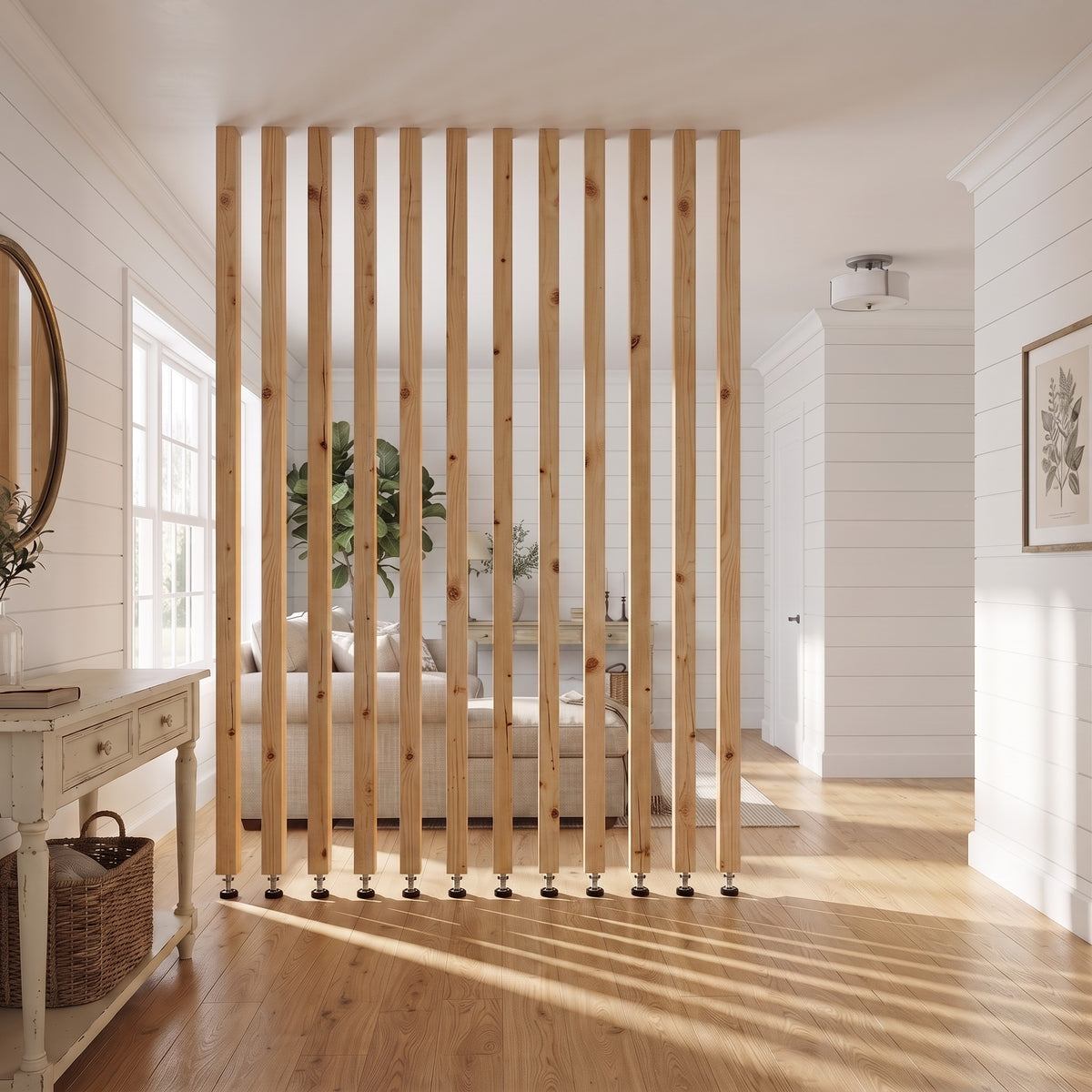 220cm High Light Oak Colour Slatted Room Divider / Solid Wood Floor to Ceiling / Timber Partition