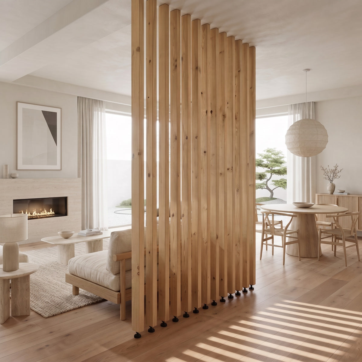 220cm High Light Oak Colour Slatted Room Divider / Solid Wood Floor to Ceiling / Timber Partition