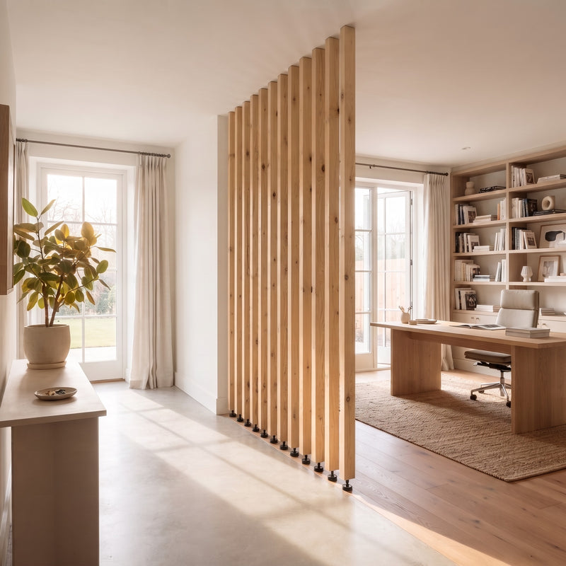 220cm High Light Oak Colour Slatted Room Divider / Solid Wood Floor to Ceiling / Timber Partition