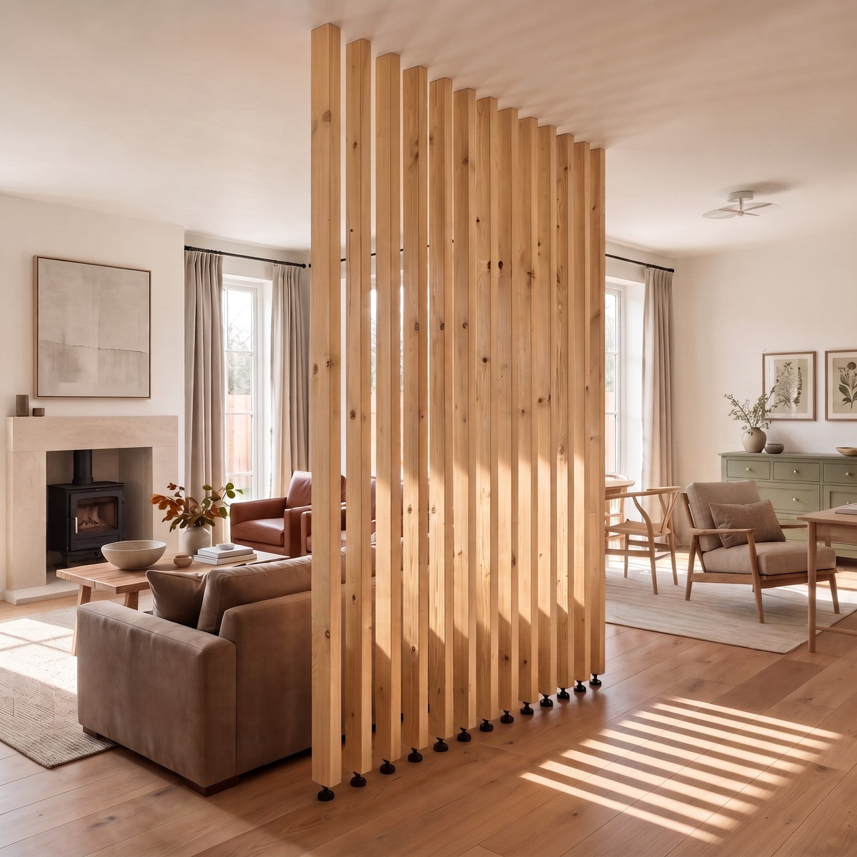 220cm High Light Oak Colour Slatted Room Divider / Solid Wood Floor to Ceiling / Timber Partition