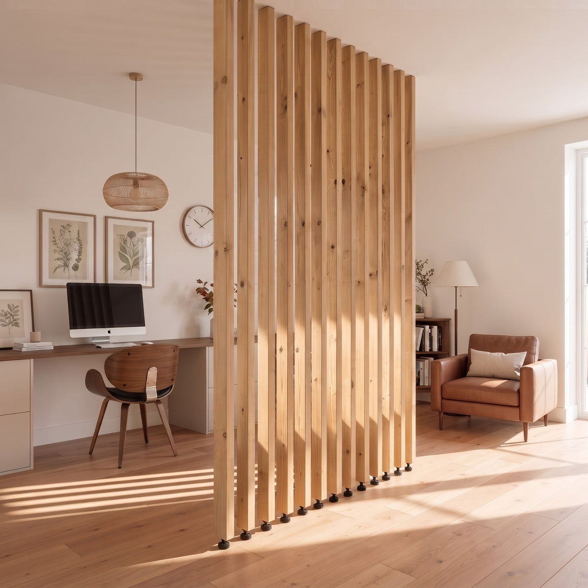 220cm High Light Oak Colour Slatted Room Divider / Solid Wood Floor to Ceiling / Timber Partition
