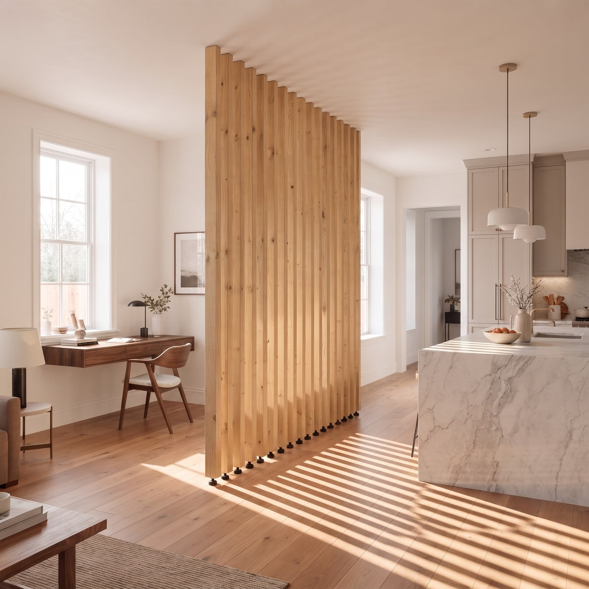 220cm High Light Oak Colour Slatted Room Divider / Solid Wood Floor to Ceiling / Timber Partition