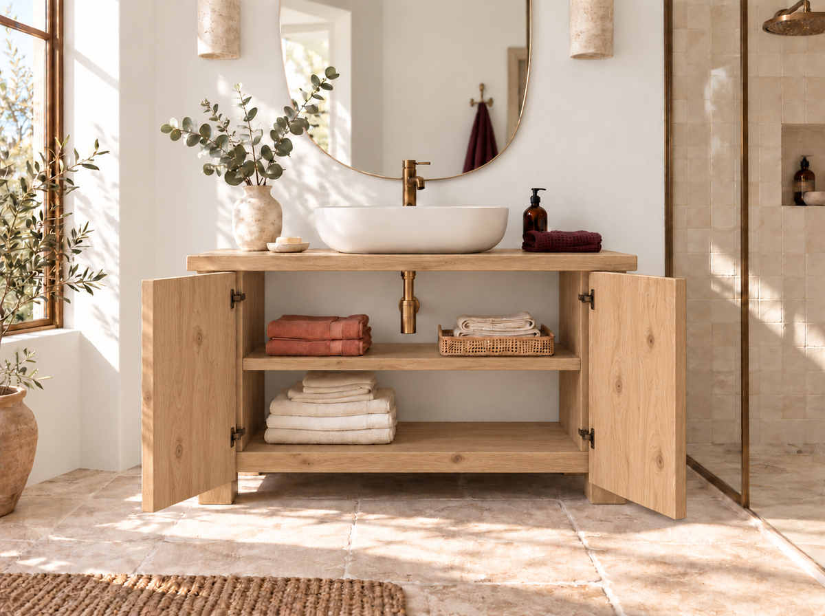 Loxmere Light Oak Colour Fluted Solid Wood Bathroom Vanity Unit | Rustic Farmhouse Vanity Cabinet with Doors