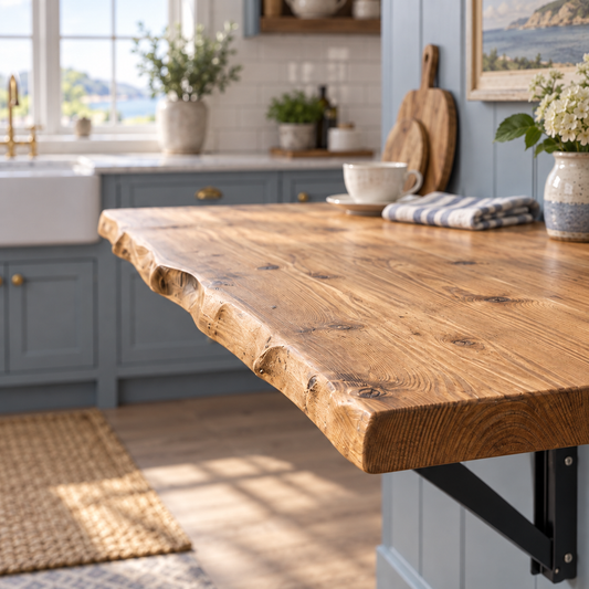 Live / Waney Edge Foldable Wall-Mounted Solid Wood Table – Rustic Wood with Heavy-Duty Black Brackets – Space-Saving Desk for Kitchen, Office, or Small Spaces