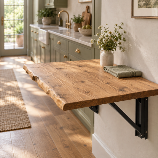 Live / Waney Edge Foldable Wall-Mounted Solid Wood Table – Rustic Wood with Heavy-Duty Black Brackets – Space-Saving Desk for Kitchen, Office, or Small Spaces