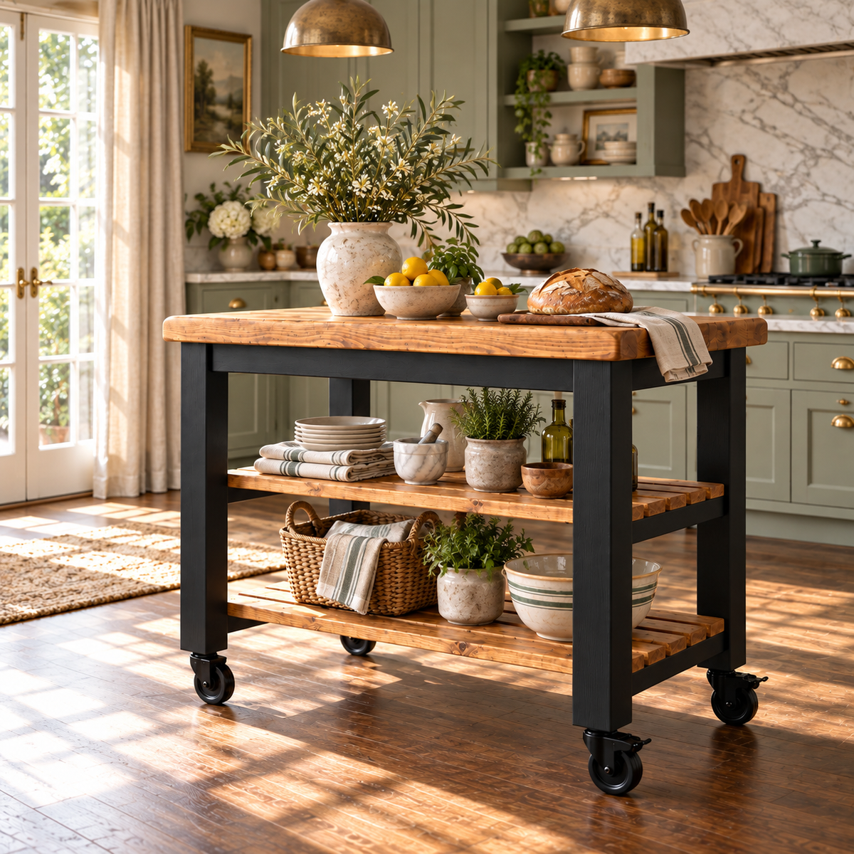LOLA Black Painted Kitchen Island / Breakfast Bar / Rustic Island On Casters / Wheels