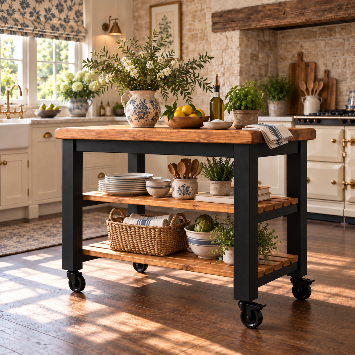 LOLA Black Painted Kitchen Island / Breakfast Bar / Rustic Island On Casters / Wheels