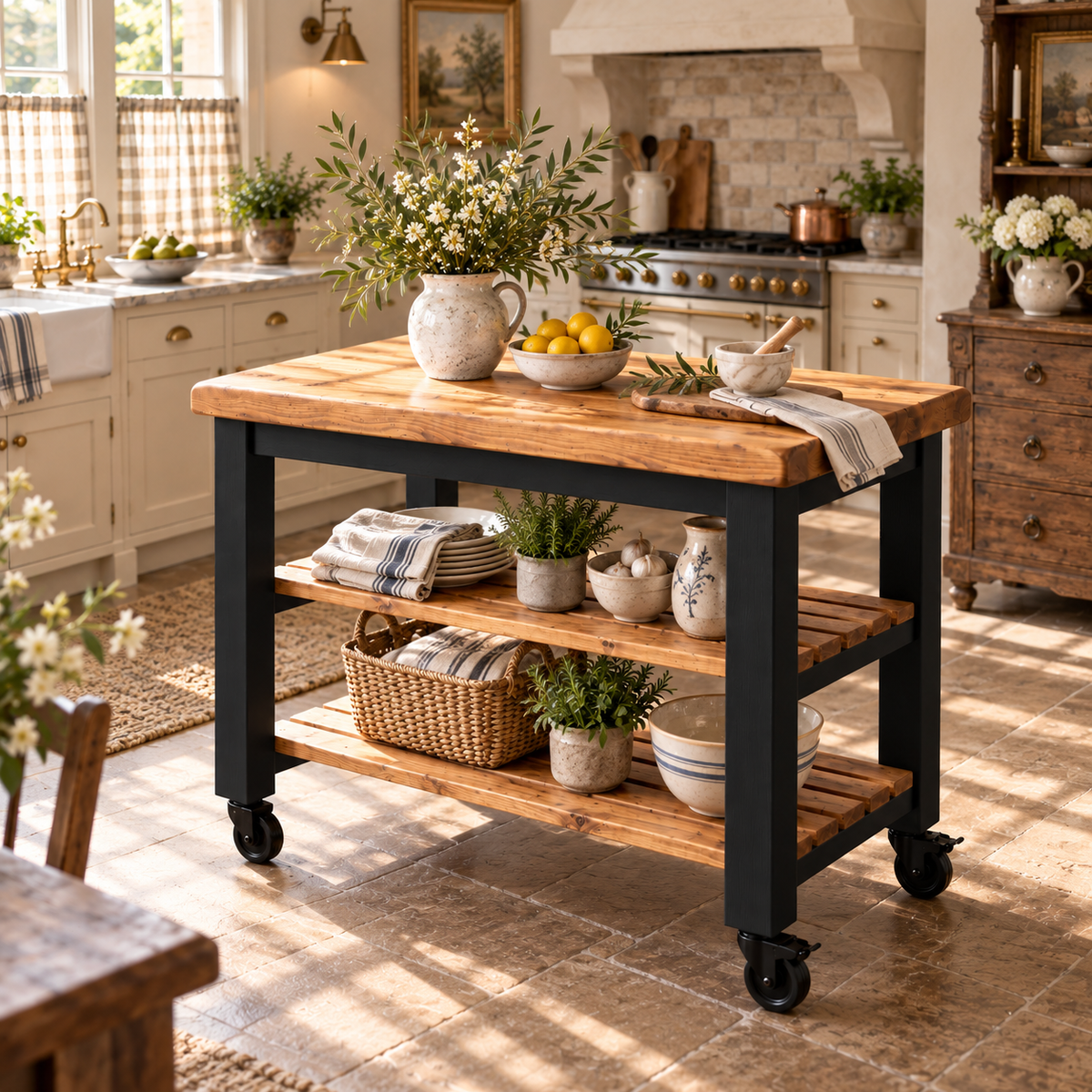 LOLA Black Painted Kitchen Island / Breakfast Bar / Rustic Island On Casters / Wheels
