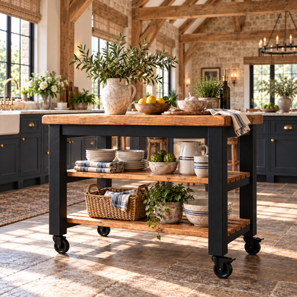LOLA Black Painted Kitchen Island / Breakfast Bar / Rustic Island On Casters / Wheels