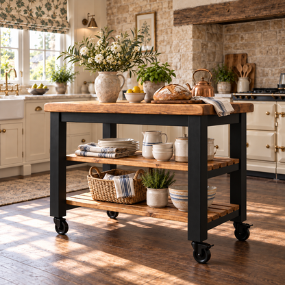 LOLA Black Painted Kitchen Island / Breakfast Bar / Rustic Island On Casters / Wheels