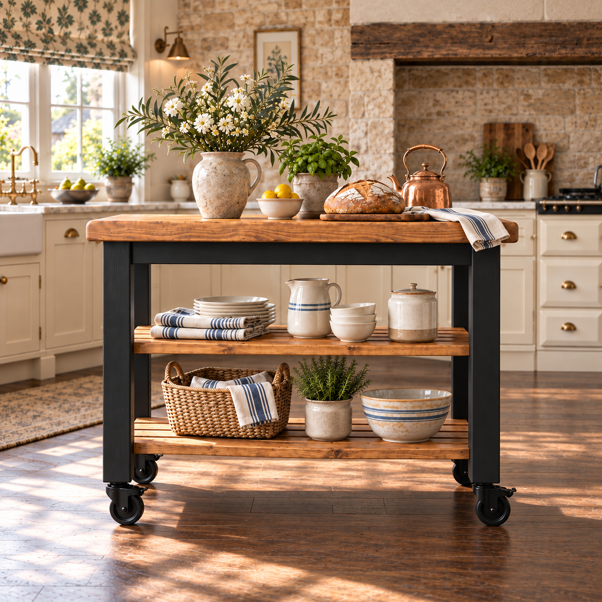 LOLA Black Painted Kitchen Island / Breakfast Bar / Rustic Island On Casters / Wheels