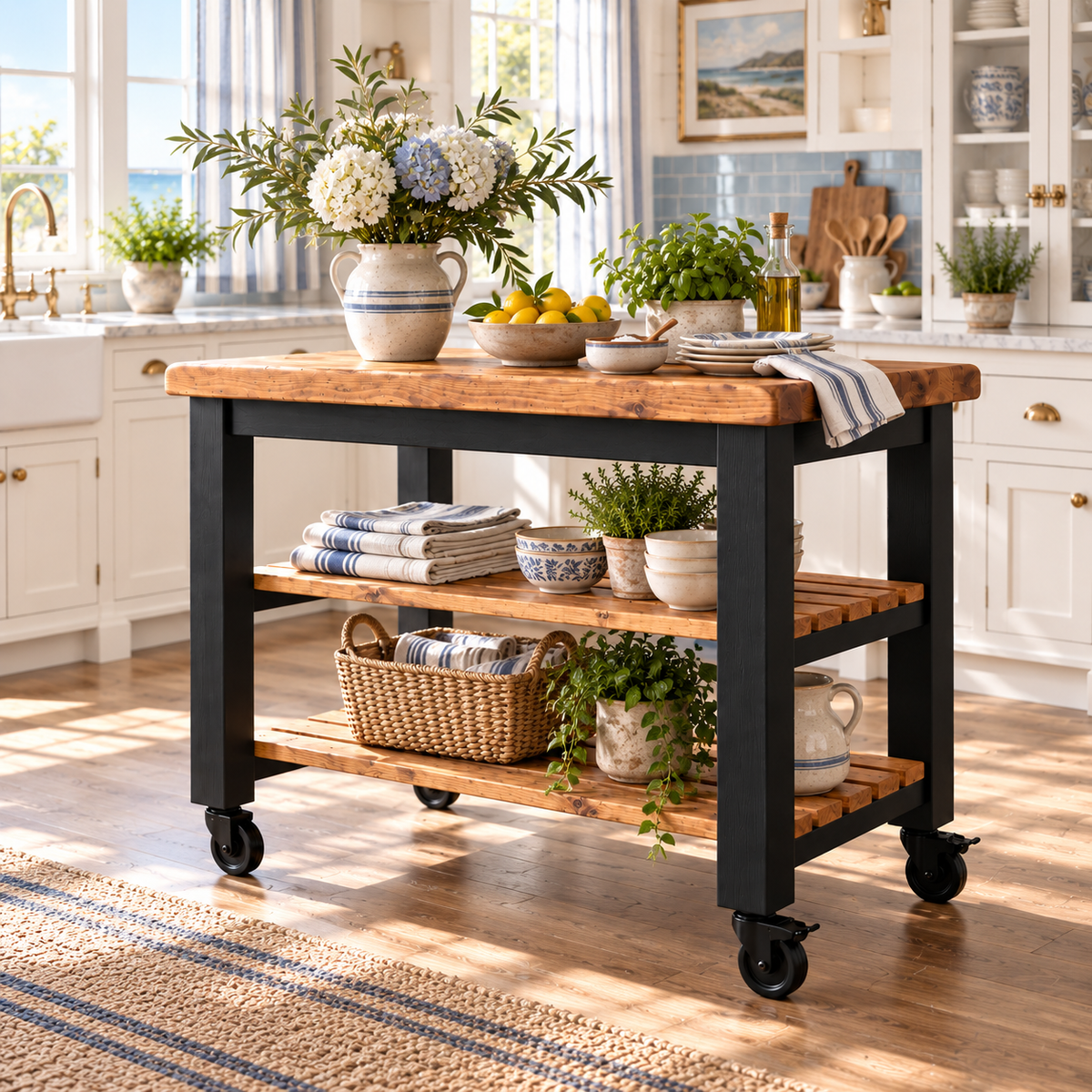 LOLA Black Painted Kitchen Island / Breakfast Bar / Rustic Island On Casters / Wheels