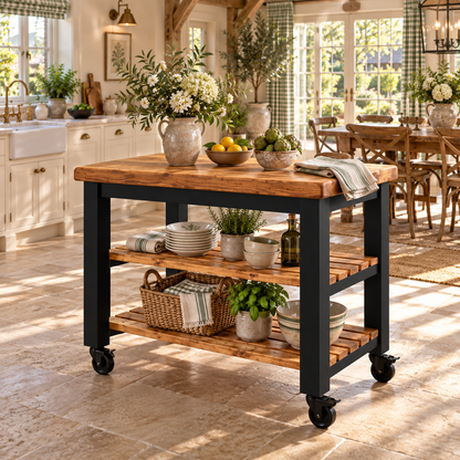 LOLA Black Painted Kitchen Island / Breakfast Bar / Rustic Island On Casters / Wheels