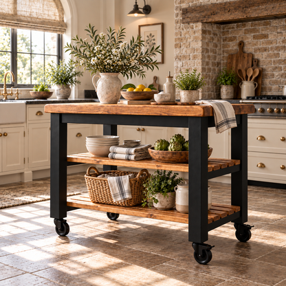 LOLA Black Painted Kitchen Island / Breakfast Bar / Rustic Island On Casters / Wheels
