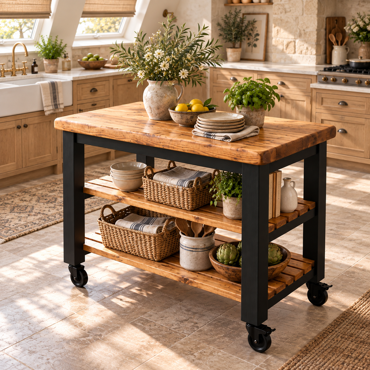 LOLA Black Painted Kitchen Island / Breakfast Bar / Rustic Island On Casters / Wheels