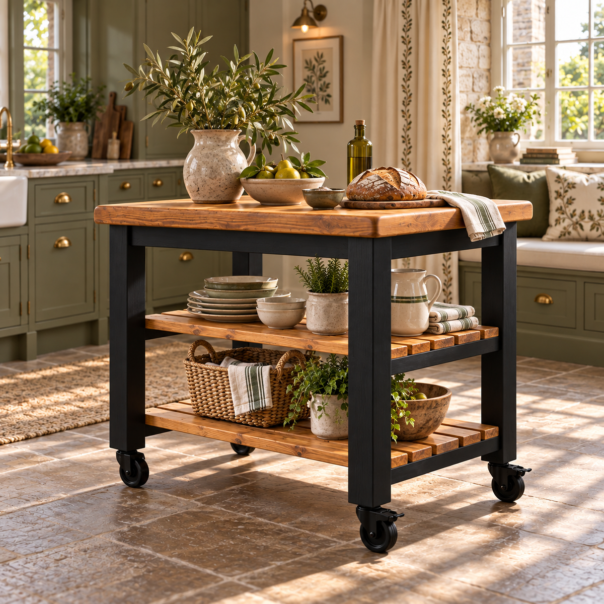 LOLA Black Painted Kitchen Island / Breakfast Bar / Rustic Island On Casters / Wheels