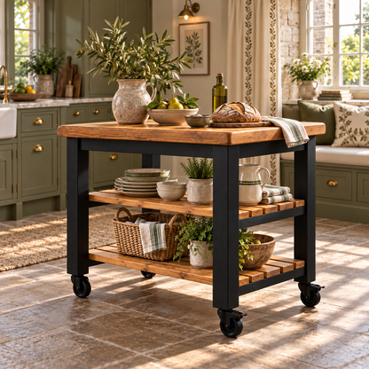 LOLA Black Painted Kitchen Island / Breakfast Bar / Rustic Island On Casters / Wheels