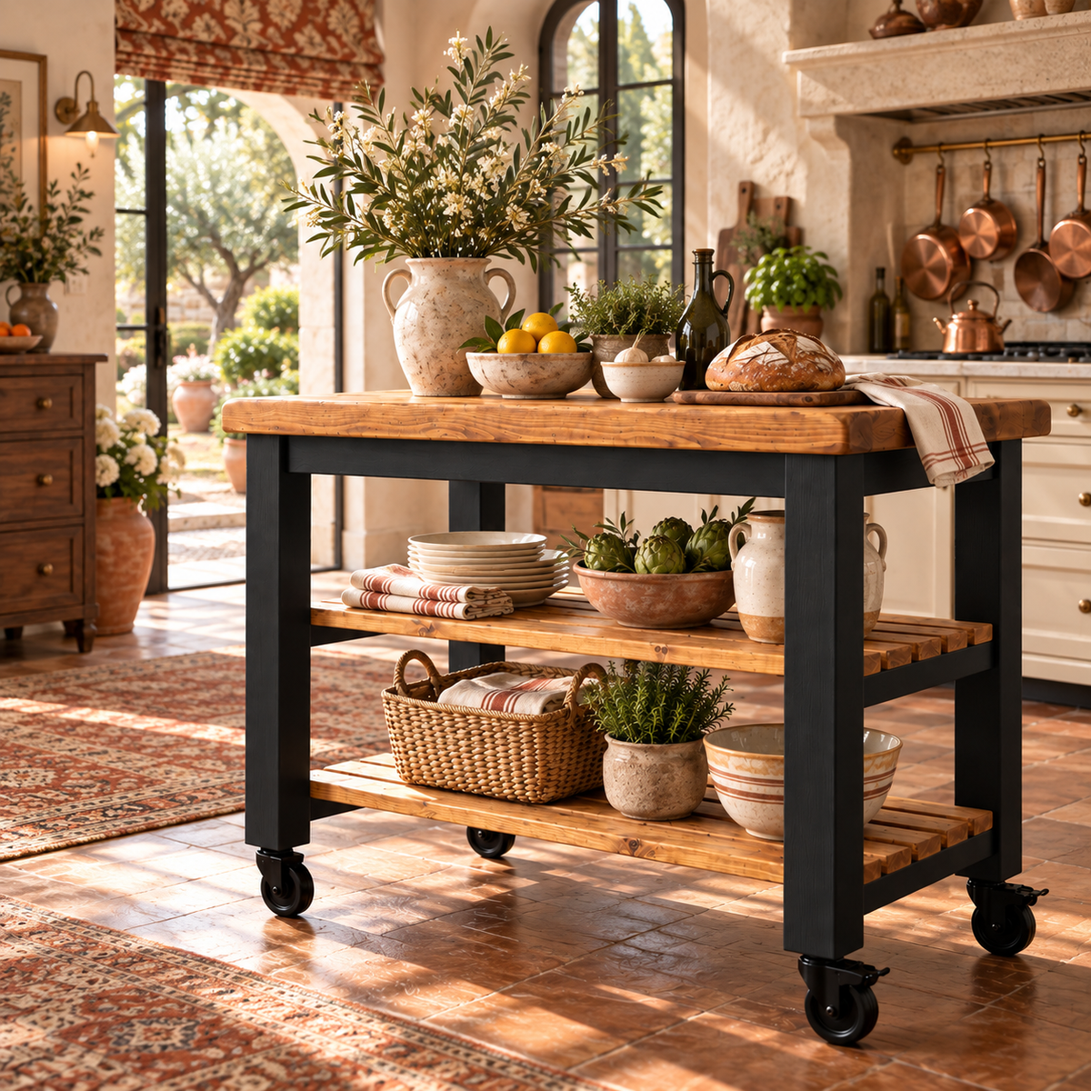 LOLA Black Painted Kitchen Island / Breakfast Bar / Rustic Island On Casters / Wheels