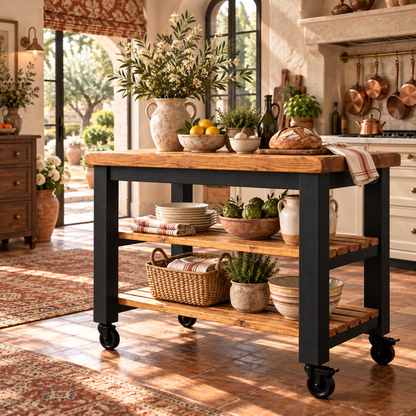 LOLA Black Painted Kitchen Island / Breakfast Bar / Rustic Island On Casters / Wheels