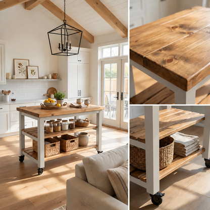 LOLA Light Grey Kitchen Island / Breakfast Bar / Rustic Island On Casters / Wheels