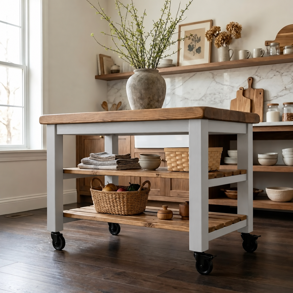 LOLA Light Grey Kitchen Island / Breakfast Bar / Rustic Island On Casters / Wheels