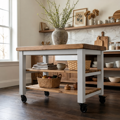 LOLA Light Grey Kitchen Island / Breakfast Bar / Rustic Island On Casters / Wheels