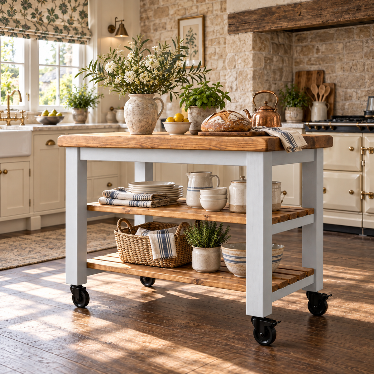 LOLA Light Grey Kitchen Island / Breakfast Bar / Rustic Island On Casters / Wheels