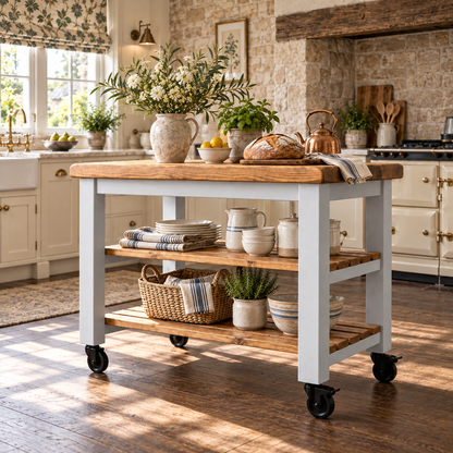 LOLA Light Grey Kitchen Island / Breakfast Bar / Rustic Island On Casters / Wheels