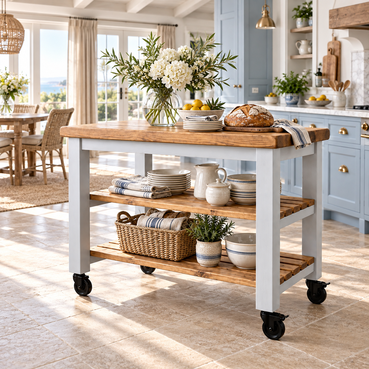 LOLA Light Grey Kitchen Island / Breakfast Bar / Rustic Island On Casters / Wheels