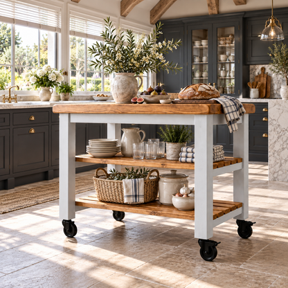 LOLA Light Grey Kitchen Island / Breakfast Bar / Rustic Island On Casters / Wheels
