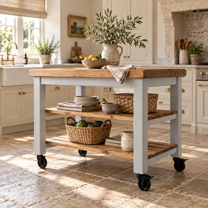 LOLA Light Grey Kitchen Island / Breakfast Bar / Rustic Island On Casters / Wheels