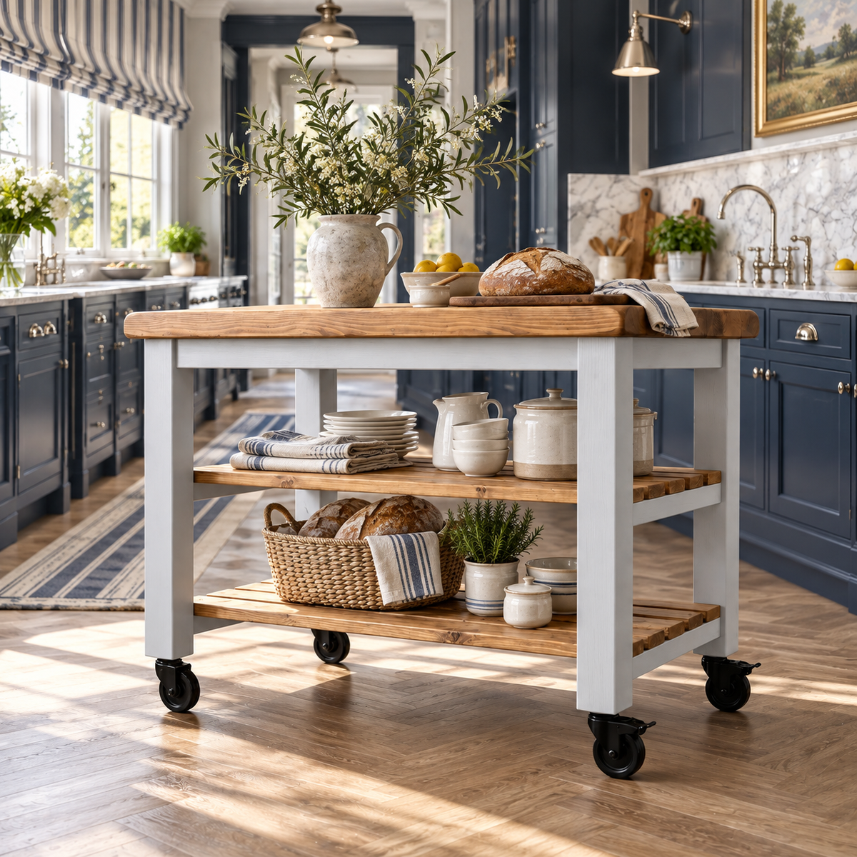 LOLA Light Grey Kitchen Island / Breakfast Bar / Rustic Island On Casters / Wheels