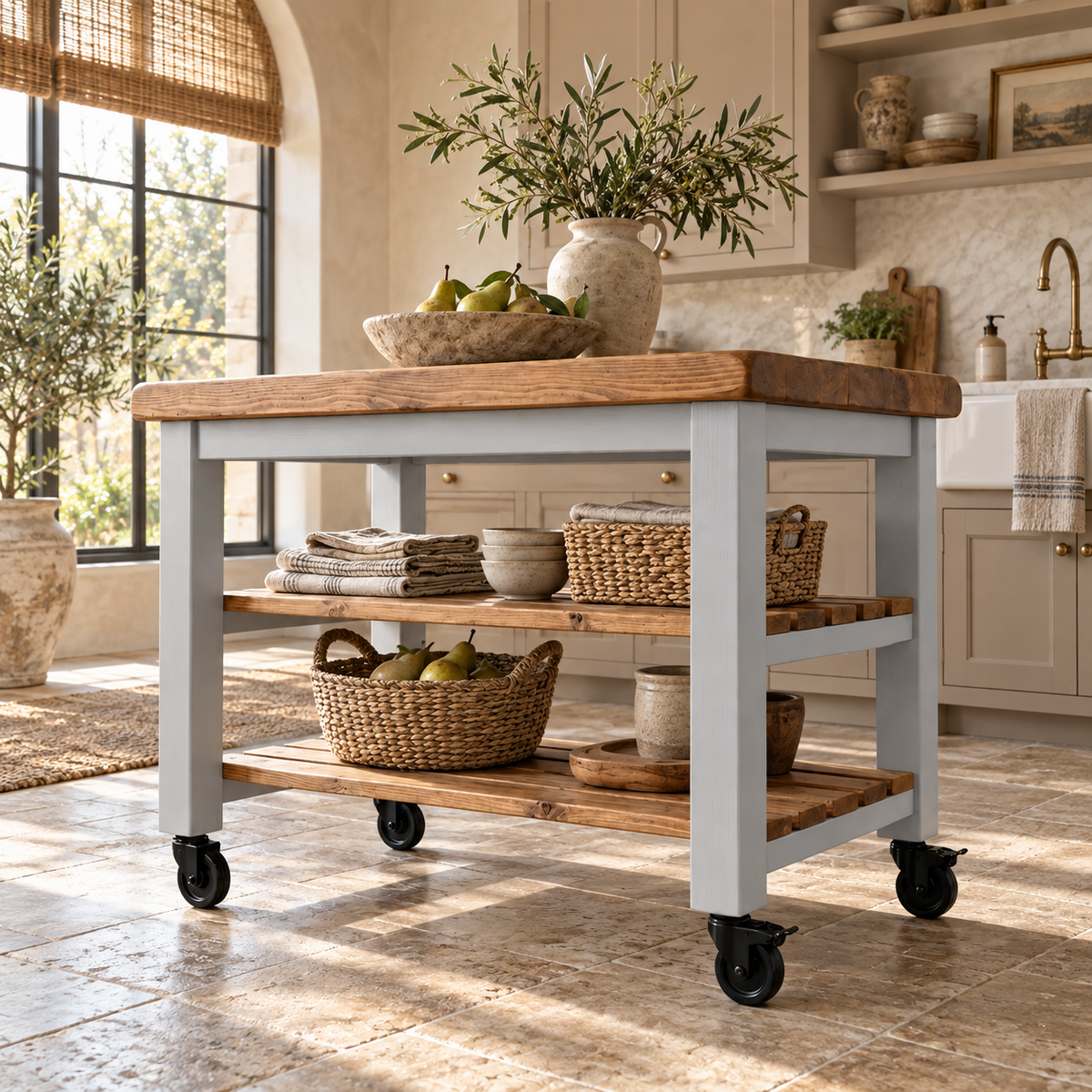 LOLA Light Grey Kitchen Island / Breakfast Bar / Rustic Island On Casters / Wheels