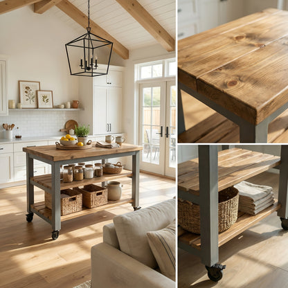 LOLA Kitchen Island / Breakfast Bar / Rustic Island On Casters / Wheels