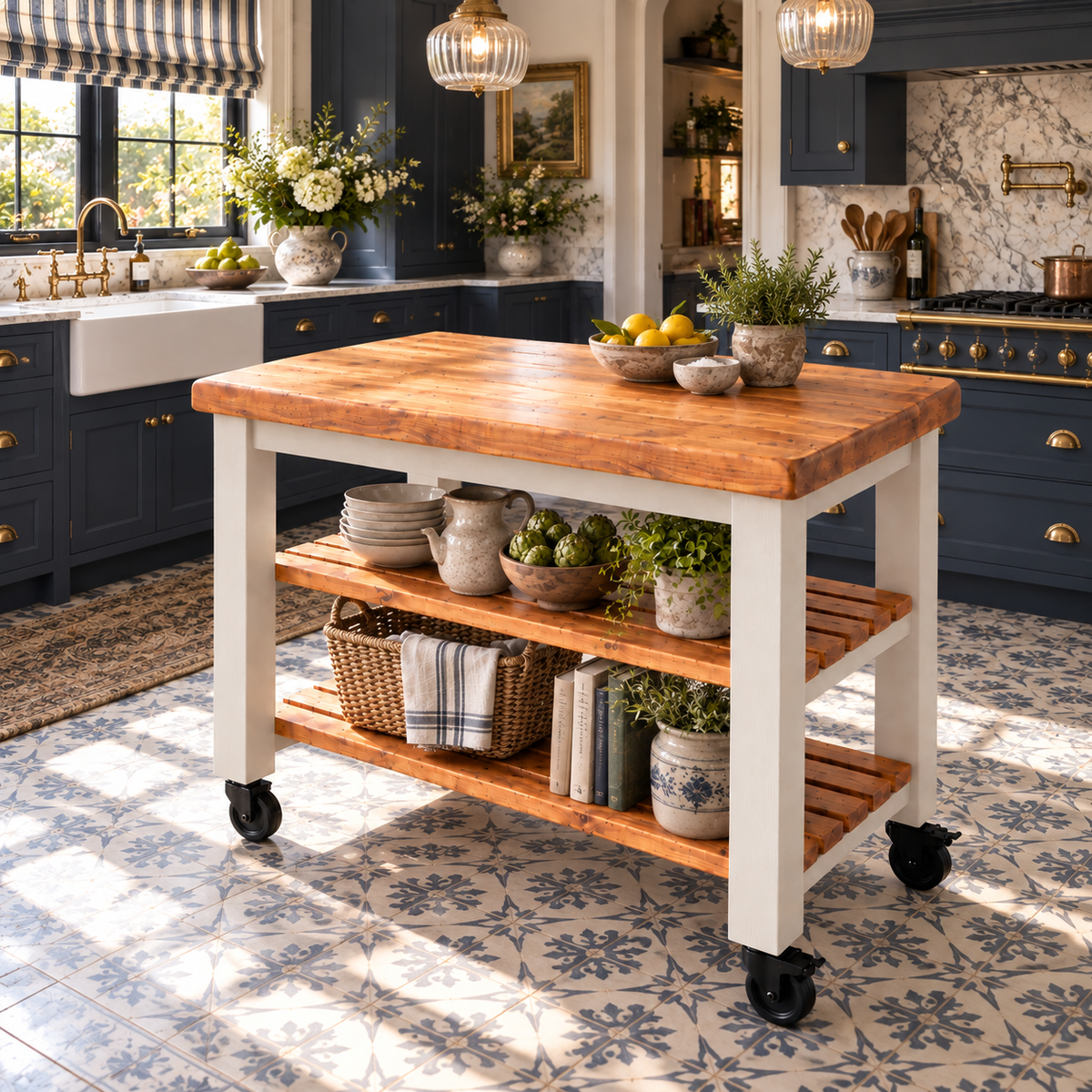 LOLA Cashmere Painted Kitchen Island / Breakfast Bar / Rustic Island On Casters / Wheels